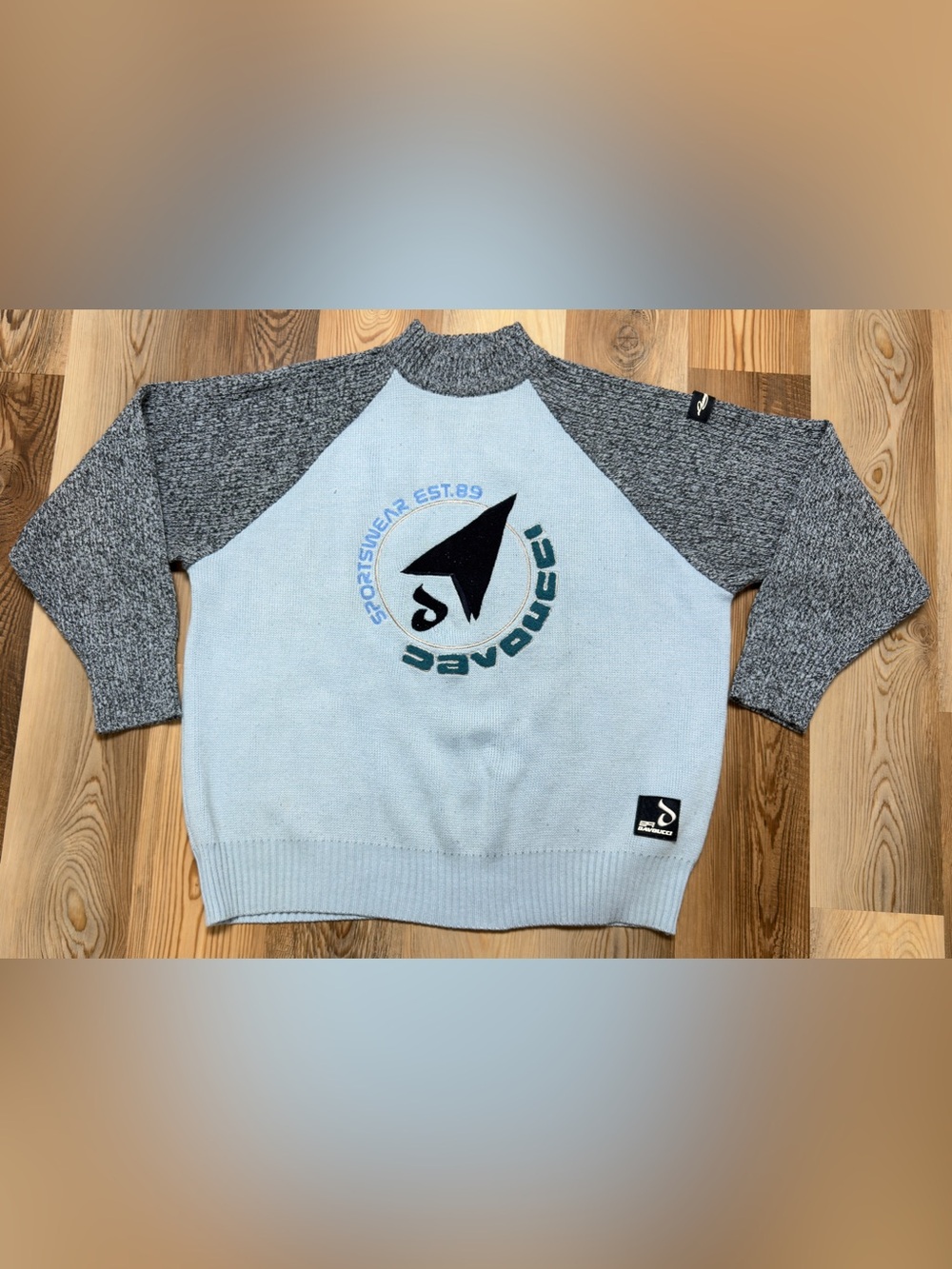 Vintage Davoucci Sportswear Knit Sweater Mens 3XL Blue Grey Raglan 90s Hip Hop